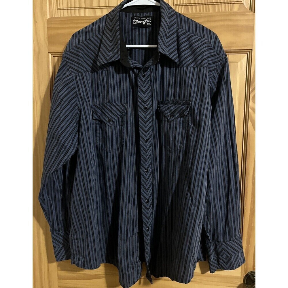 Vintage Wrangler Pearl Snap Blue Black Striped Shirt Western Rodeo XXL